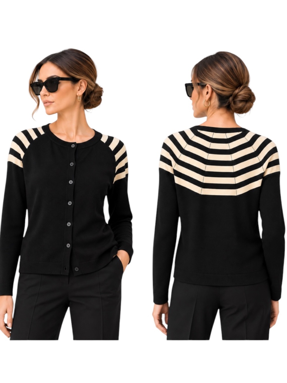 Akris Punto Button Wool Cardigan Black Cream Stripe Yoke Excellent Size 6 US